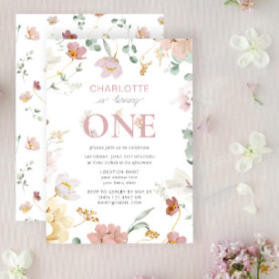 Invitación Chica Rosa Flor silvestre cumple un primer cumplea