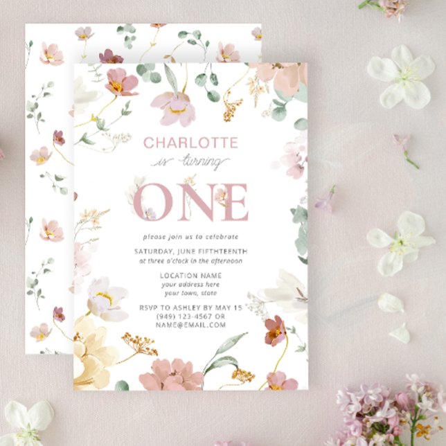Invitación Chica Rosa Flor silvestre cumple un primer cumplea (1st Birthday Invitation)