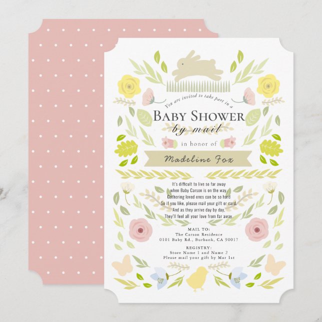 Invitación Chica rosa Floral Bunny Foliage Baby Shower por co (Anverso / Reverso)