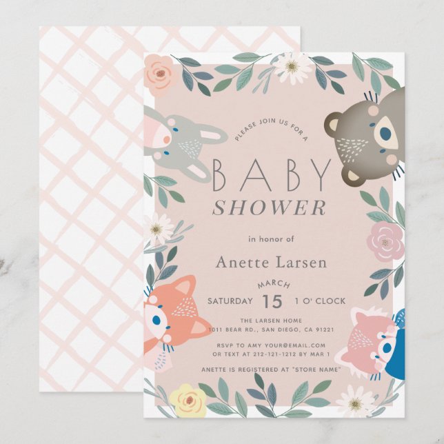 Invitación Chica rosa floral de animales Woodland Baby Shower (Anverso / Reverso)