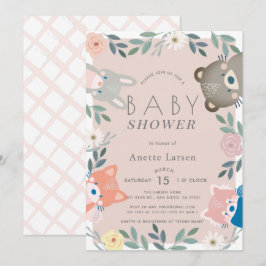 Invitación Chica rosa floral de animales Woodland Baby Shower