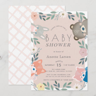 Invitación Chica rosa floral de animales Woodland Baby Shower