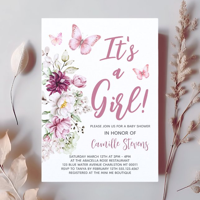 Invitación Chica rosa floral de mariposa de Baby Shower (Subido por el creador)