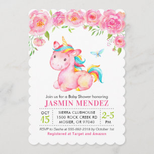 Invitación Chica rosa floral de unicornio Baby Shower Sprinkl