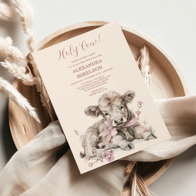Invitación Chica rosa Floral Highland Cow Baby Shower (Subido por el creador)