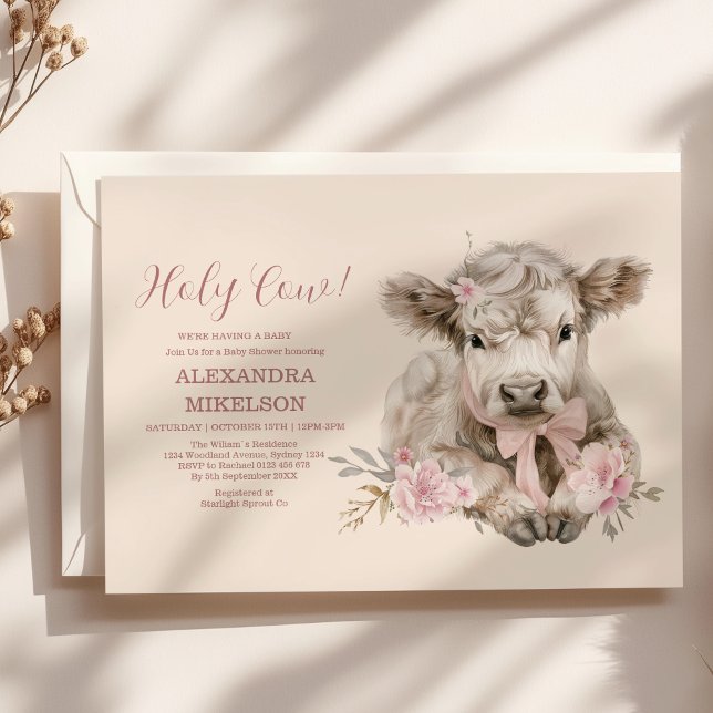 Invitación Chica rosa Floral Highland Cow Baby Shower (Subido por el creador)