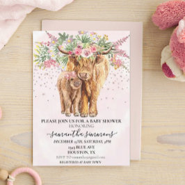 Invitación Chica rosa Floral Highland Cow Calf Baby Shower
