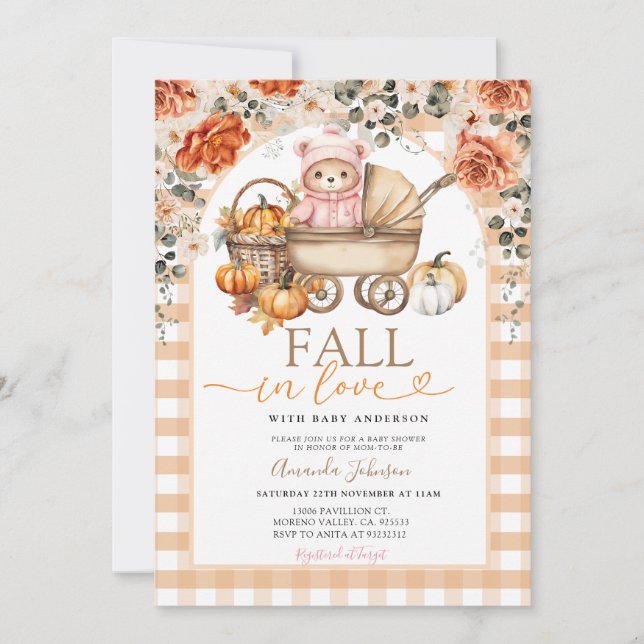 Invitación Chica rosa floral otoño Gingham Bear Baby Shower (Anverso)