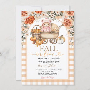 Invitación Chica rosa floral otoño Gingham Bear Baby Shower