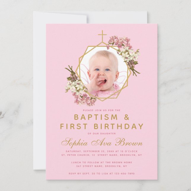 Invitación Chica Rosa Foto Baptismo Orquídeas de cumpleaños (Anverso)