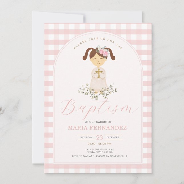Invitación Chica Rosa Gingham Flores salvajes bautizando baut (Anverso)