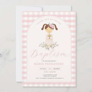 Invitación Chica Rosa Gingham Flores salvajes bautizando baut