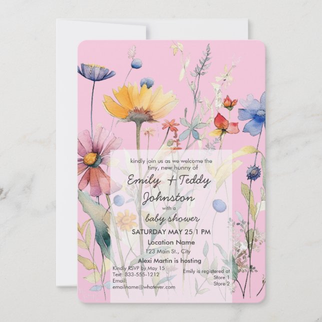 Invitación chica rosa 'Hunny' Pastel de flores silvestres Bab (Anverso)