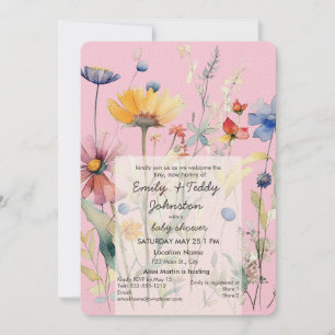 Invitación chica rosa 'Hunny' Pastel de flores silvestres Bab