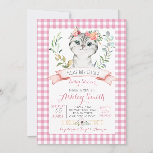 Invitación chica rosa invitado a la ducha de bebé gatito (Anverso)