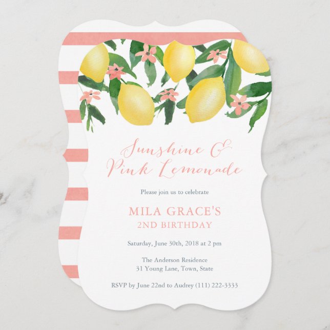 Invitación Chica Rosa Lemonade  Lemons (Anverso / Reverso)