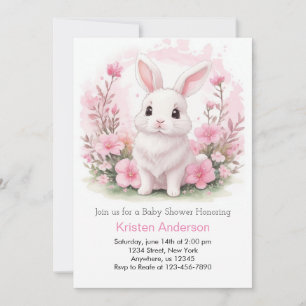 Invitación Chica rosa lindo conejito Wildflowers Baby Shower