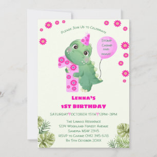 Invitación Chica rosa lindo Dinosaurio primer Fiesta de cumpl