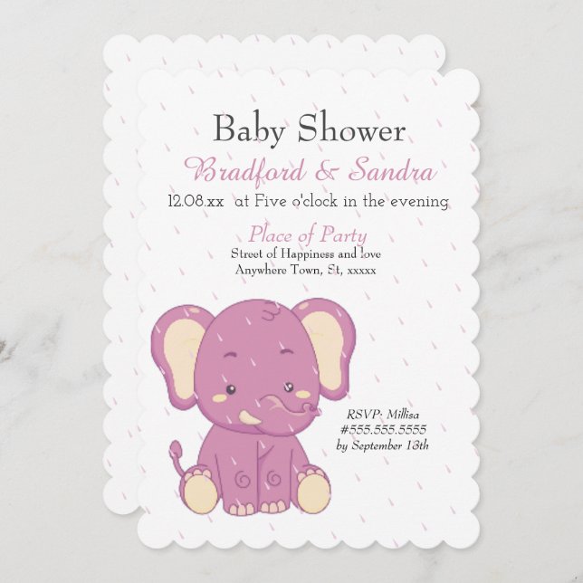 Invitación Chica rosa lindo Elefante Baby Shower simple (Anverso / Reverso)
