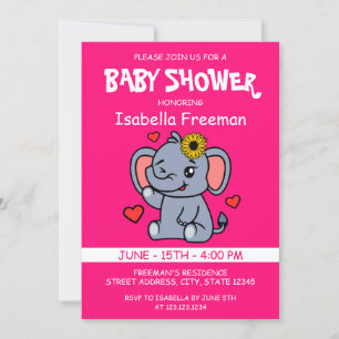 Invitación Chica rosa lindo Elefante de girasol Baby Shower