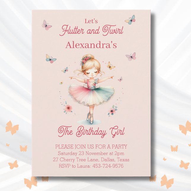 Invitación Chica rosa mariposa Ballerina Fiesta de cumpleaños (Subido por el creador)