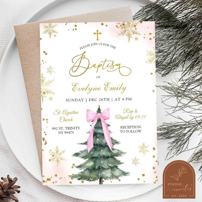 Invitación Chica Rosa Navidad Invierno Día de Bautizo  (Subido por el creador)