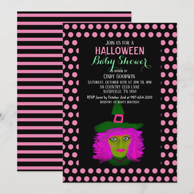 Invitación Chica rosa negro bruja banal Baby Shower (Anverso / Reverso)