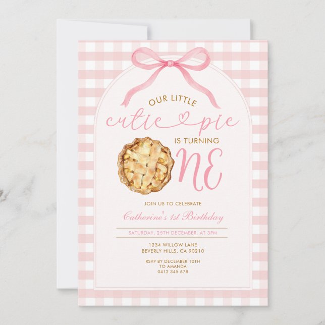 Invitación Chica Rosa Nuestra Pequeña Cutie Pie Gingham Cumpl (Anverso)