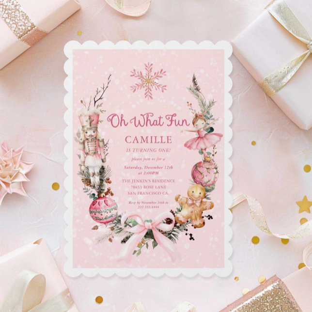 Invitación Chica Rosa Nutcracker Primer cumpleaños (Oh what fun Winter Holiday birthday Invitation)