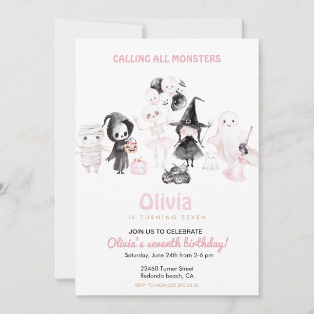 Invitación Chica rosa pastel cumpleaños halloween (Anverso)