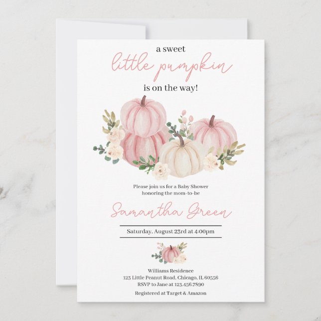 Invitación Chica Rosa Pequeña Calabaza Baby Shower (Anverso)