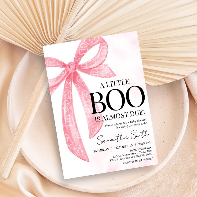 Invitación Chica Rosa Pequeño Boo Halloween Baby Shower (Pink Bow Little Boo Coquette Halloween Baby Shower Invitation)