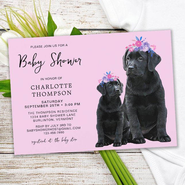 Invitación Chica Rosa Perro de cachorro negro recuperador de  (Subido por el creador)