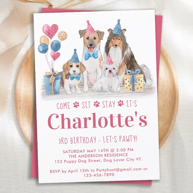 Invitación Chica rosa perro Fiesta de cachorros (Subido por el creador)