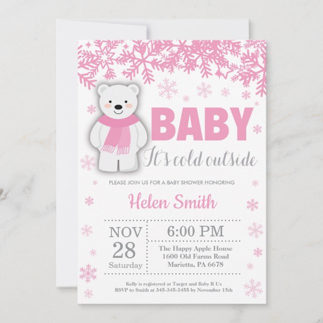 Invitación Chica rosa polar de invierno Baby Shower con copo  (Anverso)