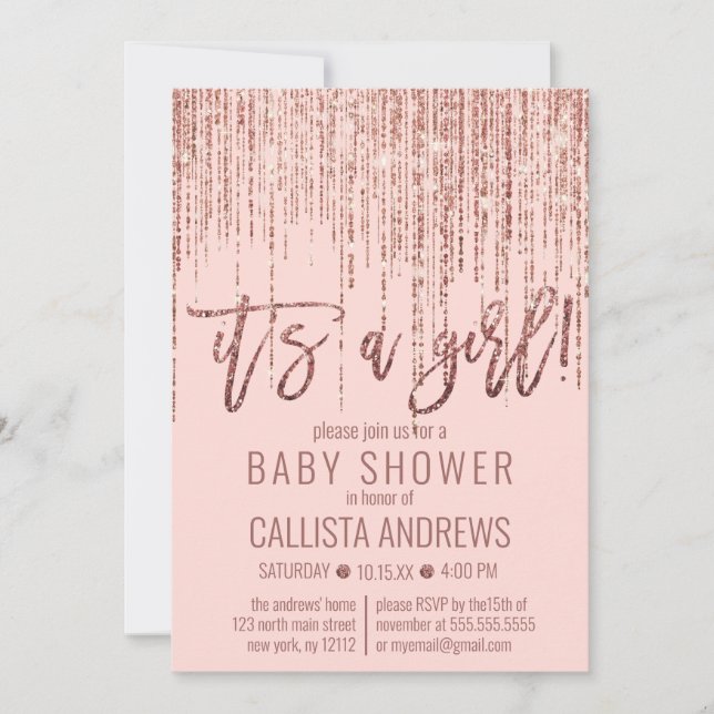 Invitación Chica Rosa Rosa Oro Purpurina Fringe Baby Shower (Anverso)