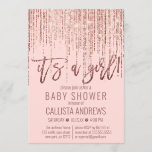 Invitación Chica Rosa Rosa Oro Purpurina Fringe Baby Shower