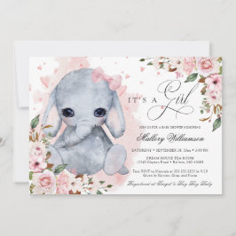 Invitación Chica Rosa Rosa Rosa Cute Elefante Baby Shower