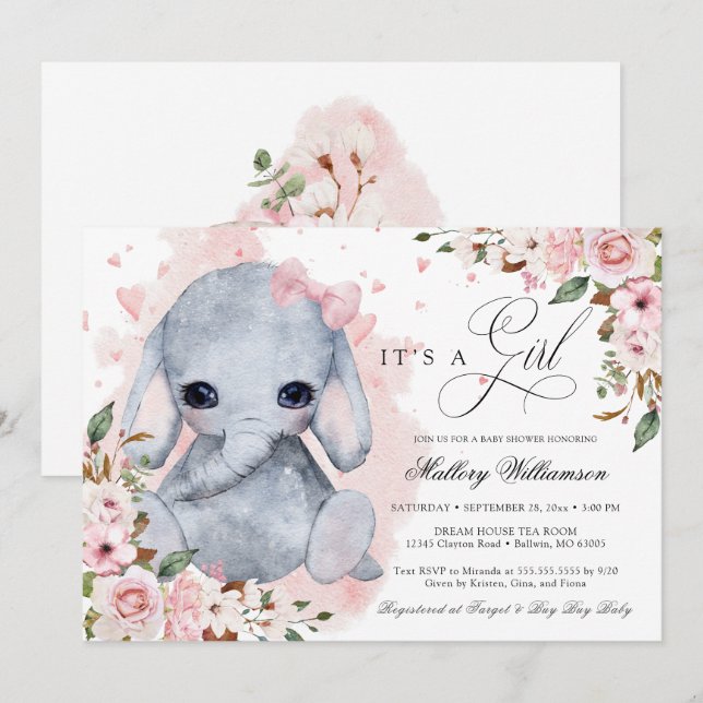Invitación Chica Rosa Rosa Rosa Cute Elefante Baby Shower (Anverso / Reverso)