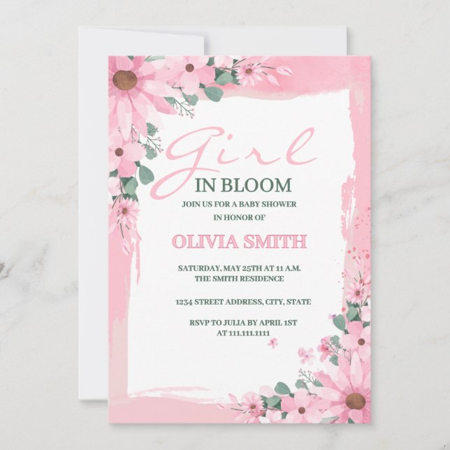 Invitación Chica rosa Rubor en flor Baby Shower (Anverso)