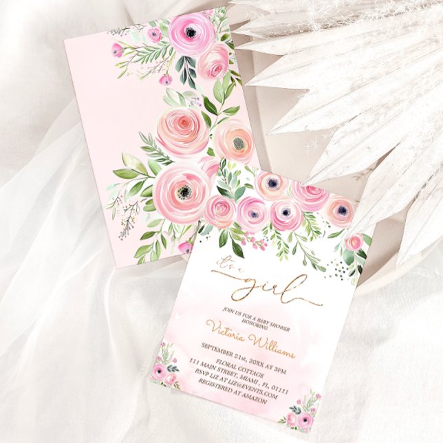 Invitación Chica rosa Rubor floral Baby Shower (Subido por el creador)