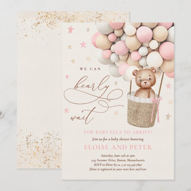 Invitación Chica rosa Teddy Bear Balloon Baby Shower (Anverso / Reverso)