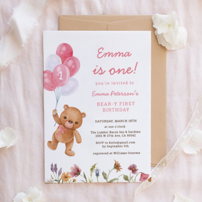Invitación Chica Rosa Teddy Bear Primer cumpleaños (Subido por el creador)