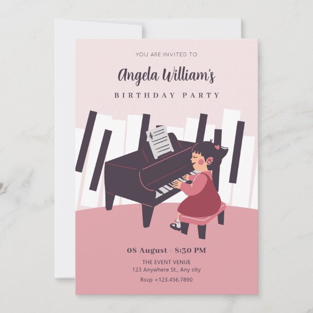 Invitación Chica rosa tocando el piano (Anverso)