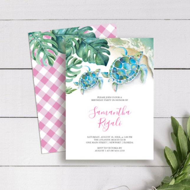 Invitación Chica rosa tortuga tropical marina Gingham cumplea (Birthday party invitations girls cute pink and turquoise sea turtle watercolor Victoria Grigaliunas)