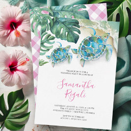 Invitación Chica rosa tortuga tropical marina Gingham cumplea