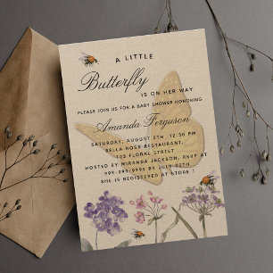 Invitación chica rosa violeta de flores silvestres de maripos