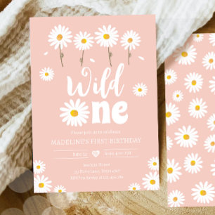 Invitación Chica Rosa Wild One Daisy Boho Retro Primer cumple