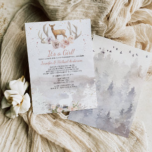 Invitación Chica Rosa Woodland Deer Forest Baby Shower Por Co