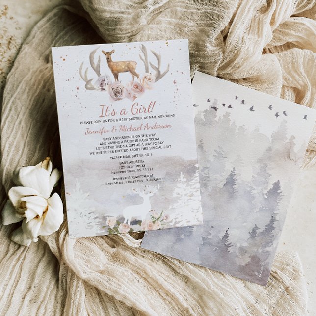 Invitación Chica Rosa Woodland Deer Forest Baby Shower Por Co (Subido por el creador)